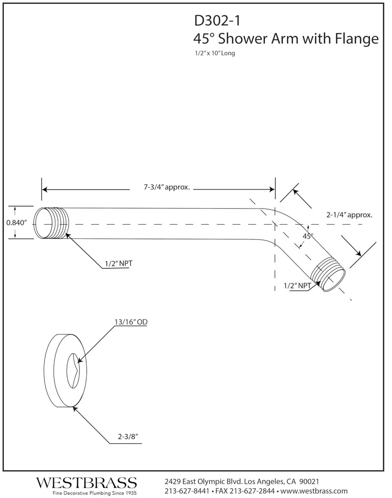 Westbrass A302-1-20 1/2" IPS x 10"Wall Mount Shower Arm with Sure Grip Flange, Stainless Steel
