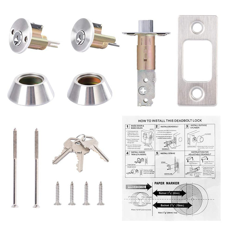 Double keyed Deadbolt Lock - Keyed on Both Sides, 2-Way Adjustable Cylinder Deadbolt (Privacy/Passage), Satin Stainless Steel (Silver, Single Cylinder) (Silver, Double Side)