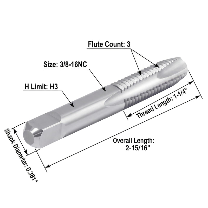 Accusize Industrial Tools Spiral Point Tap, 3/8-16NC, SPT-3/8-16x5 | 5 Pcs HSS, ANSI Standard, Fully Ground, 3 Flute, Plug Style