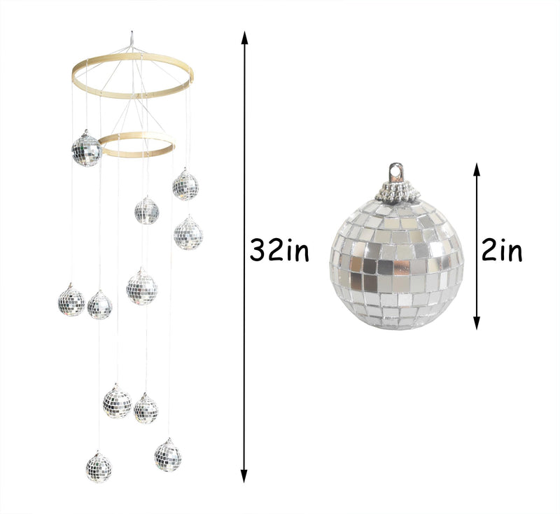 Disco Ball Mobile Spiral Spinner Ball 32 Inch Height with Bamboo Circle for Indoor Outdoor Yard Garden Patio Home Decoration and Party Weding Festival Birthday two circls