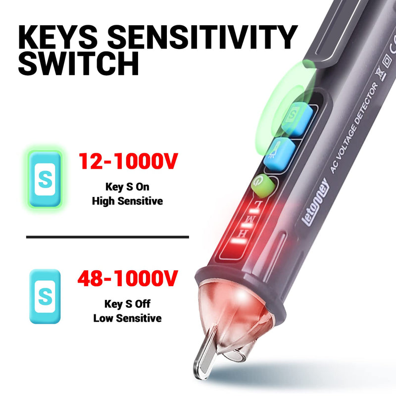 Voltage Tester, Non Contact AC Voltage Tester Pen, Wire Breakpoint Finder, Dual Range 12V-1000V/48V-1000V, Buzzer Flashing LED Alarm, Flashlight (Grey) Grey