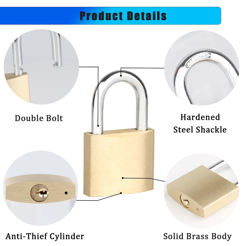 Solid Brass Padlock with 3 Keys, Locker Lock with Brass Body & Steel Shackle, Keyed Padlock for Sheds, Storage Unit, School Gym Locker, Fence, Toolbox, Gate, Warehouse 1pack