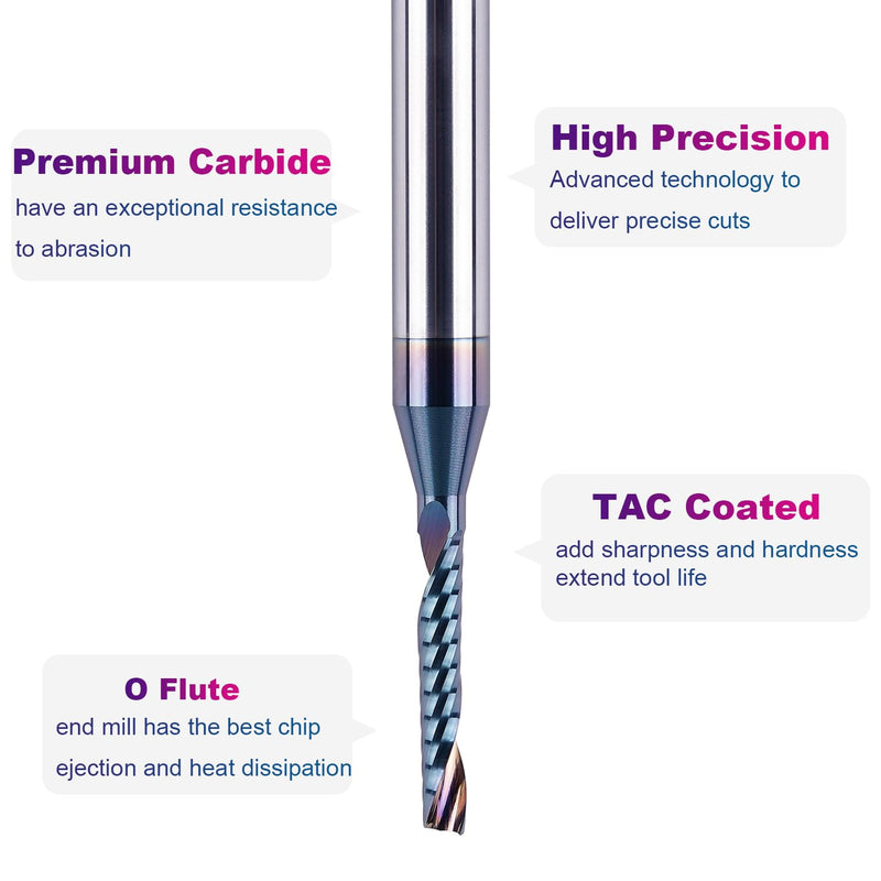 SpeTool Carbide O Flute Spiral Router Bit 1/8 Inch Cutting Diameter 1/4 Inch Shank with Coating Acrylic Non-Ferrous Metal CNC Milling Cutter 1PCS 1/8" Dia-3/4" CL-1/4" Shank
