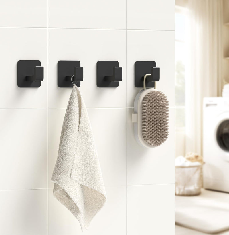 Square Self Adhesive Towel Hooks - Matte Black Bathroom Hooks for Hanging Towel, Coats, Modern and Stylish Hooks for Bathrooms and Kitchen, 2 Pack