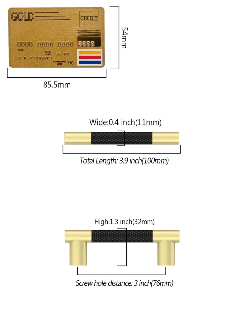 10 Pack 3''(76mm Hole to Hole) Black and Gold Cabinet Pulls, Knurled Brushed Gold Matte Black Cabinet Handles for Kitchen Drawers, Bathroom Vanity, Dresser - Heavy Duty Hardware CK0094 3"/76MM Hole Center 10