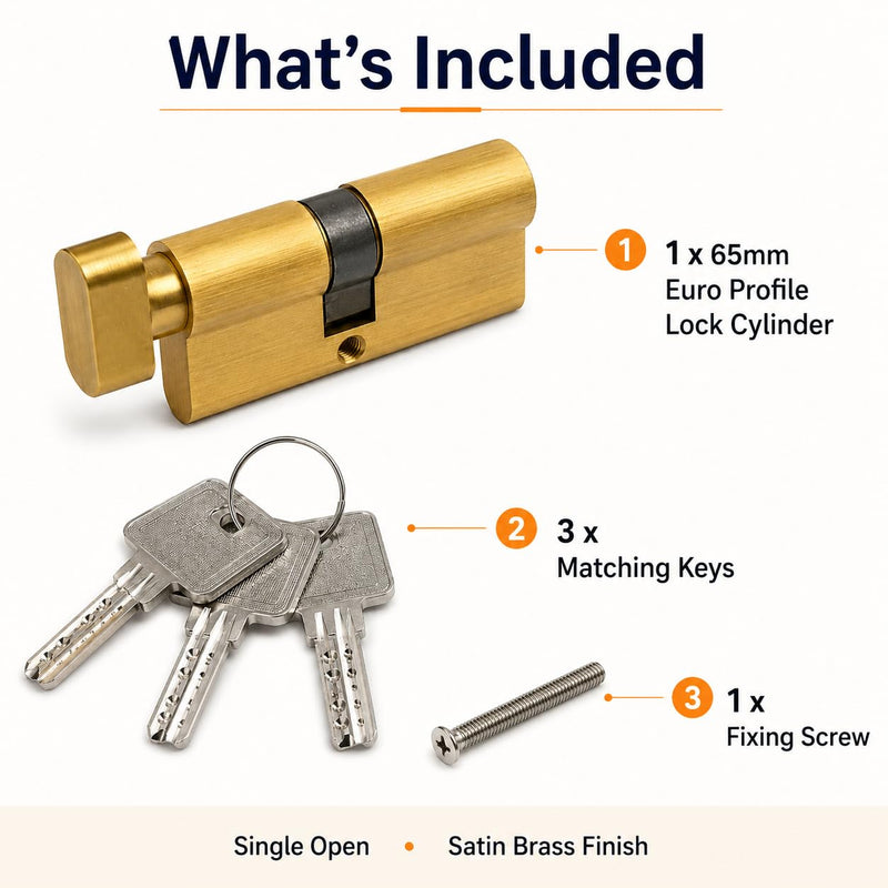 65mm Euro Profile Lock Cylinder with 3 Keys, 27.5/10/27.5 Single Open Brass Door Lock Cylinder, Anti-Rust Corrosion Resistant Anti-Theft Replacement Cylinder for Wood, Metal, Satin Brass