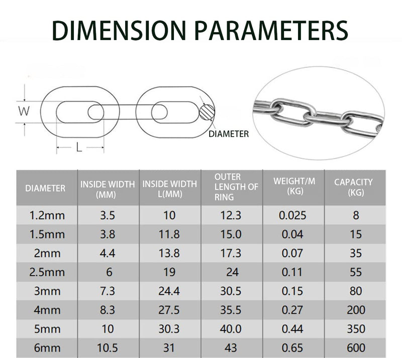 Stainless Steel Safety Chains 50CM (L) x 2MM (T) Long Link Chain Rings Light Duty Coil Chain for Hanging Pulling Towing (2mm*50cm-2 Pack) 2mm*50cm-2 pack