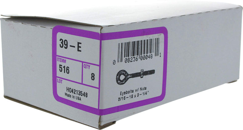 516 Eyebolts with Nuts, 5/16 x 3 1/4-Inch, 8-Pack,Zinc