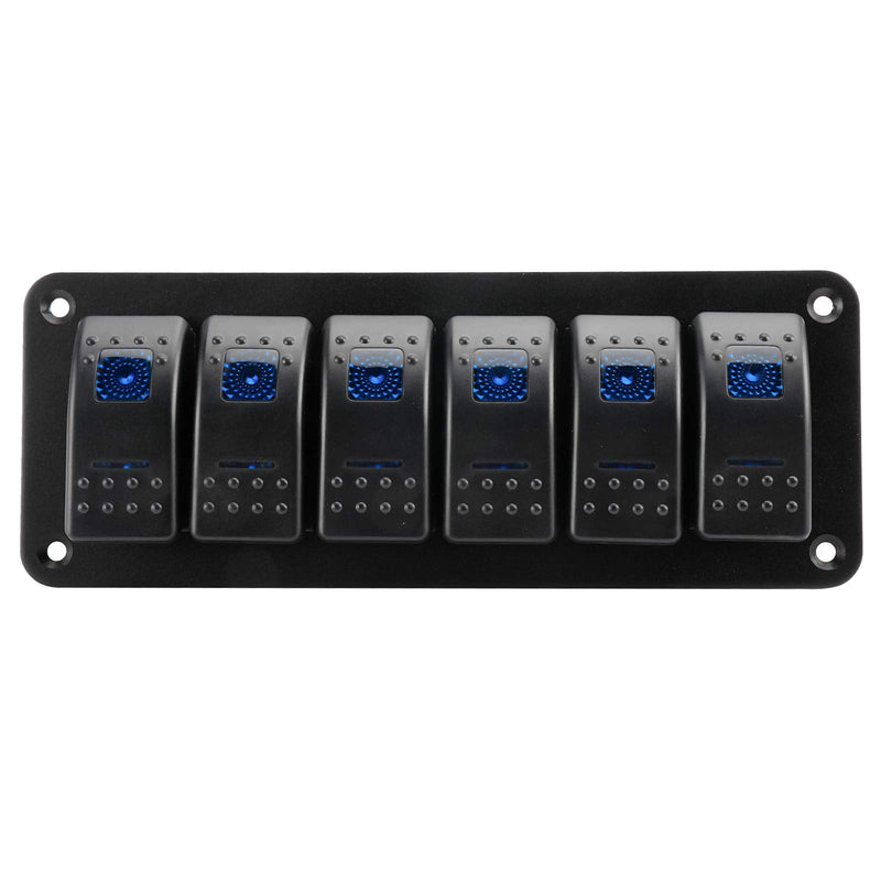 Amarine Made 12-24V Boat Switch Panel Illuminated Rocker Switch Aluminum Pre-Wired Panel 6 Gang Toggle Switches Dash 5 Pin ON/Off 2 LED Backlit for Bus Boat Car Marine Blue LED IP65 (6 Gang)