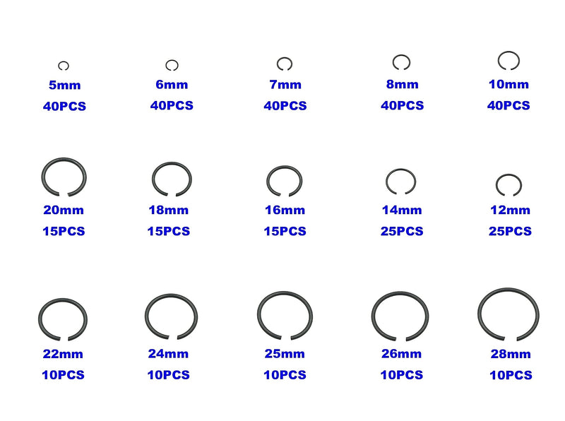 Metric 15-Sizes Round Wire C-Clips External Retaining Rings Assortment Kit;Round Wire Snap Rings for Shaft(Black 5mm-28mm)