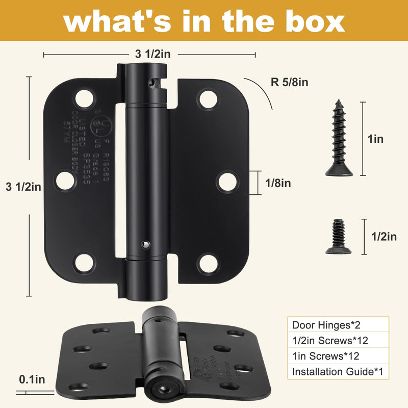 2 Pack | Self Closing Door Hinges 3.5”×3.5”, HBL' Automatic Door Closer Hinges with 5/8" Radius Corners, Adjustable Spring Door Hinge for Home, Garage & Basement Doors. ‎3.5" x 3.5" Black 2