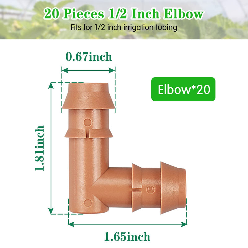 Drip Irrigation Barbed Elbow：20 Pack Drip Irrigation Elbow Parts Fits for 1/2 Inch Drip Irrigation Tubing 17mm 0.600" ID Elbow Connectors for Patio Lawn Garden 20 Pack Elbow