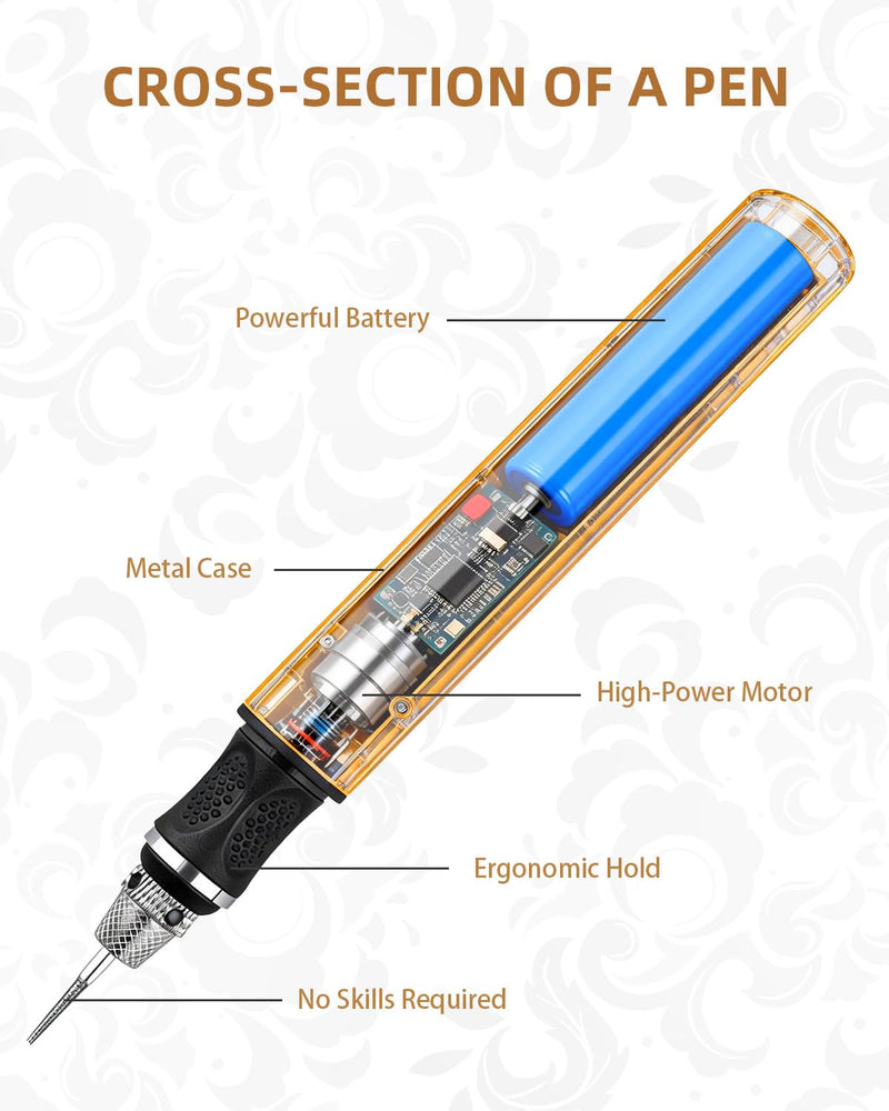 Updated Engraving Pen Ultimate Cordless Portable Tool for Artists & DIYers - Engrave 60+ Surfaces - Beginner Friendly - Rechargeable - Free 30 Bits & Mastery Guide (Gold) Gold