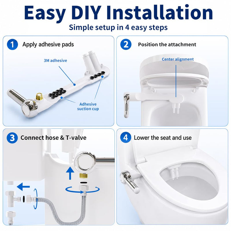 Ultra-Slim Bidet Attachment for Toilet, Non-Electric Bidet Toilet Seat Attachment with Dual Retractable Nozzles, Rear & Feminine Wash, Adjustable Water Pressure, Easy DIY Install for Home & RV Platinum
