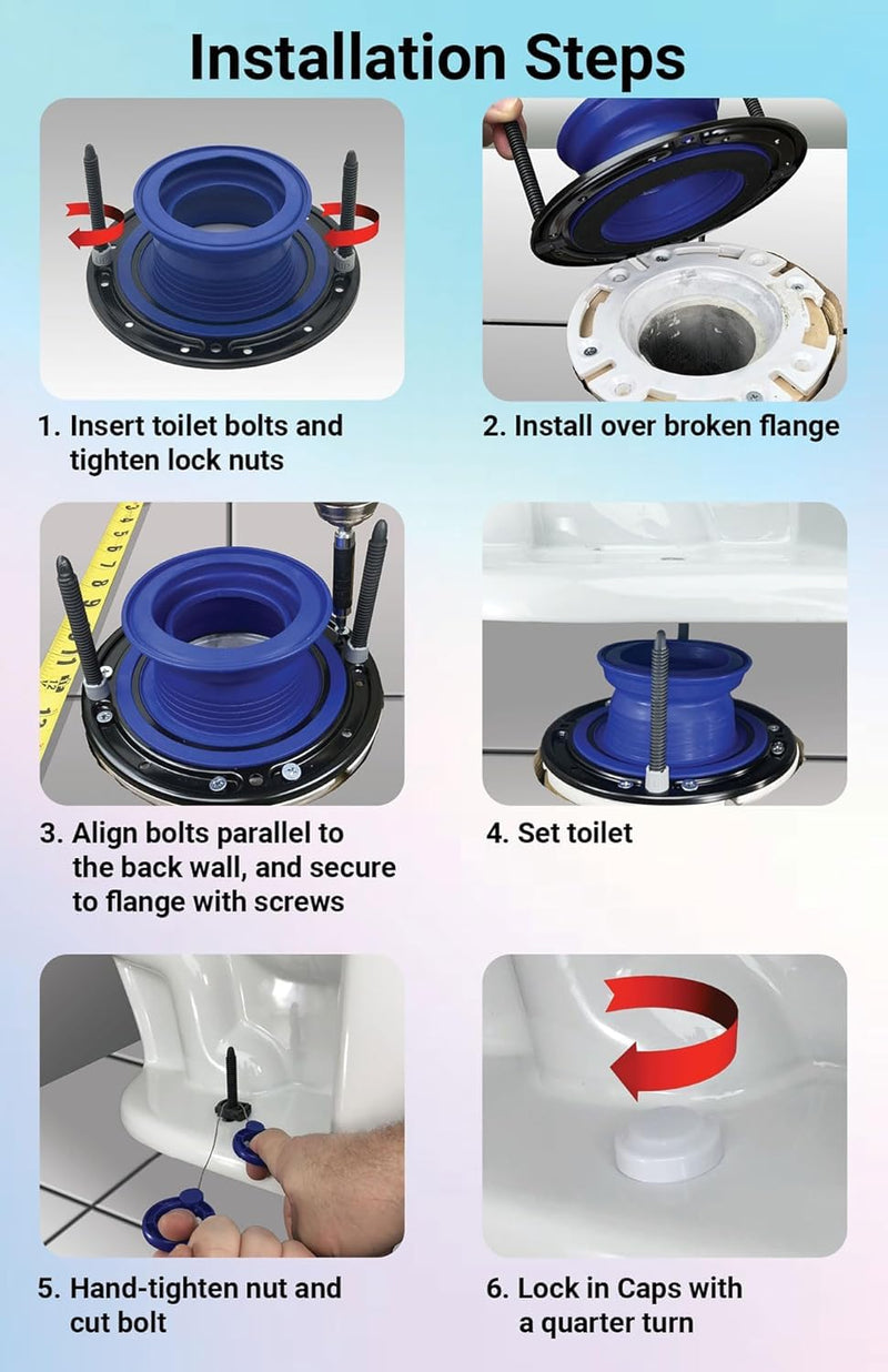 One N Done Toilet Flange Repair Kit - Complete Toilet Seal Repair For Wax Seal, Rubber Gasket Ring,Tool-Free Nuts Includes 3 1/2-Inch Locking Bolts, Bolt Caps- Easy Toilet Bowl Repair (1, Blue)