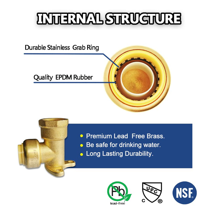 HQMPC 90 Degree Drop Ear Elbow, Push Fit Plumbing Fittings 6Pcs Push-to-Connect, No Lead Brass PEX Fittings for PE-RT, CPVC Pipe 3/4" Push Fit x 3/4" NPT Female Adapter with Disconnect Clip 6 0.75 Inch