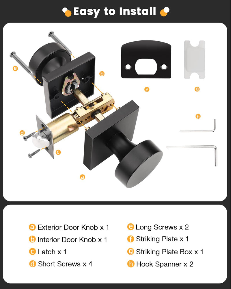 Gobrico Matte Black Passage Door Knobs with Square Rosette(2 Pack), Heavy Duty Closet Door Handles Without Lock, Door Knob Sets for Hallways Passage (Without Locking) 2