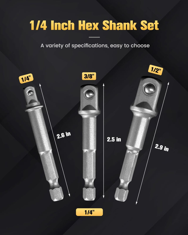 BOEN Impact Grade Socket Adapter Set, 3-PCS Drill Bit Adapter with Bit Holder, Sizes 1/4", 3/8", 1/2", 1/4-Inch SAE Hex Shank, Cr-V, for Cordless Drill & Screwdriver, Power Drill & Driver 3PCS SAE