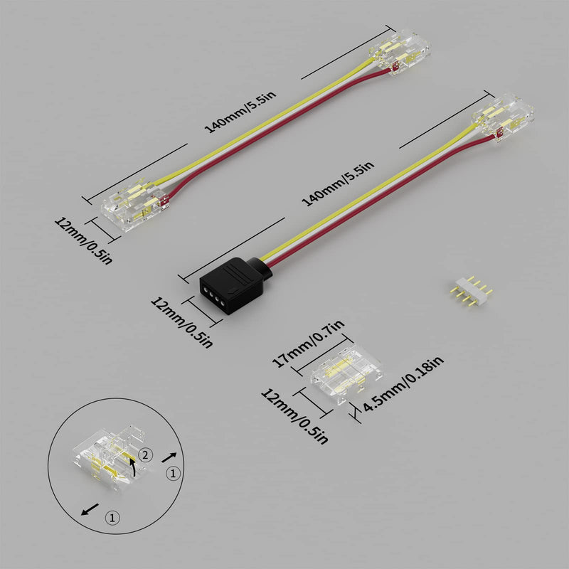 PAUTIX 10mm Connectors for CCT COB LED Strip Light 3 Pin Solderless Terminal Extension Connection Kit,4pcs Dual End Extension Connectors,2pcs Strip to DC Plug Extension Wire,4pcs Gapless Connectors Connector Kit