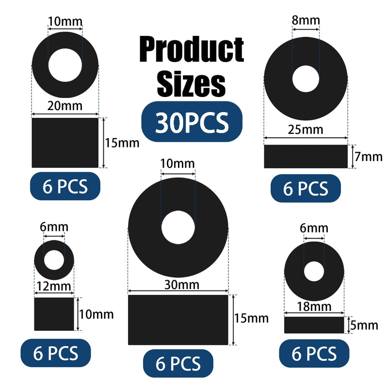 30 PCS Rubber Spacer 5 Sizes Black Non-Slip Thick Grommets Vibration Isolation Round Rubber Flat Washers Rubber Bushings Spacers Washers for Home and Car Accessories Different size