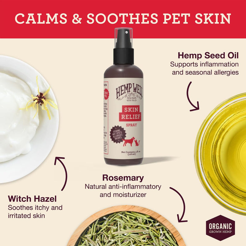 Hemp Well Skin Itch Relief Spray for Dogs and Cats - Hemp Seed Oil, Witch Hazel, Rosemary Oil