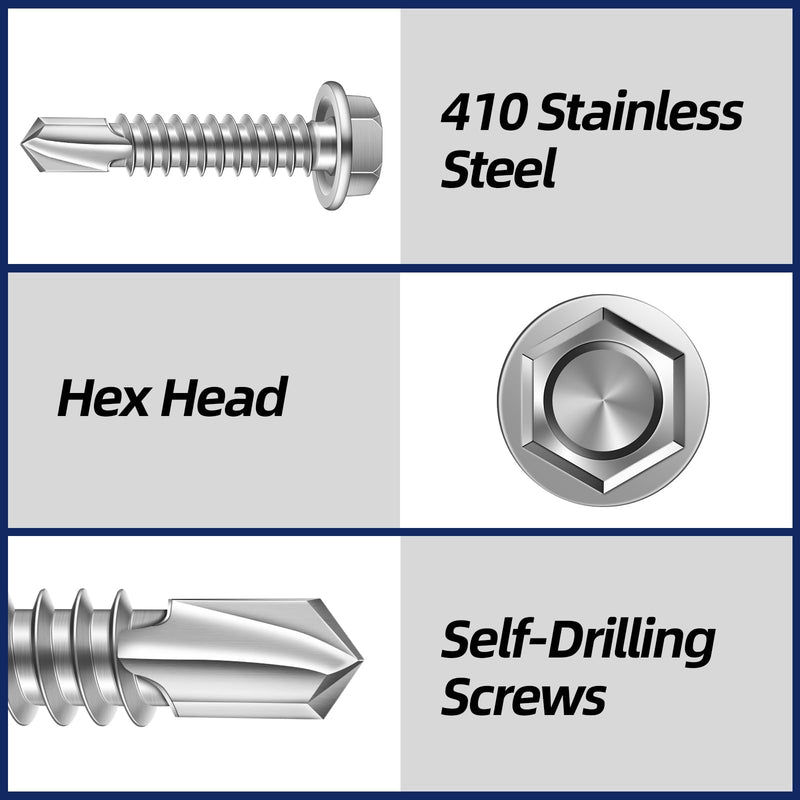 #14 x 4" (3/4" to 4" Available) Hex Washer Head Self Drilling Sheet Metal Screws with Drill Point, Stainless Steel 410, 20 PCS #14 x 4"