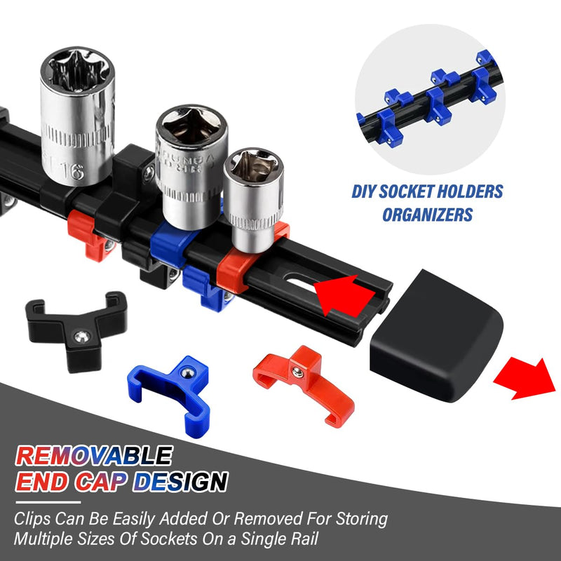 3-Piece Socket Organizer Rail Set, Premium Socket Holder, Heavy-Duty Socket Rack Kit With 43 Clips 1/4-Inch x 16 Clips, 3/8-Inch x 15 Clips, 1/2-Inch x 12 Clips – Ideal for Tool Storage 3 Pcs