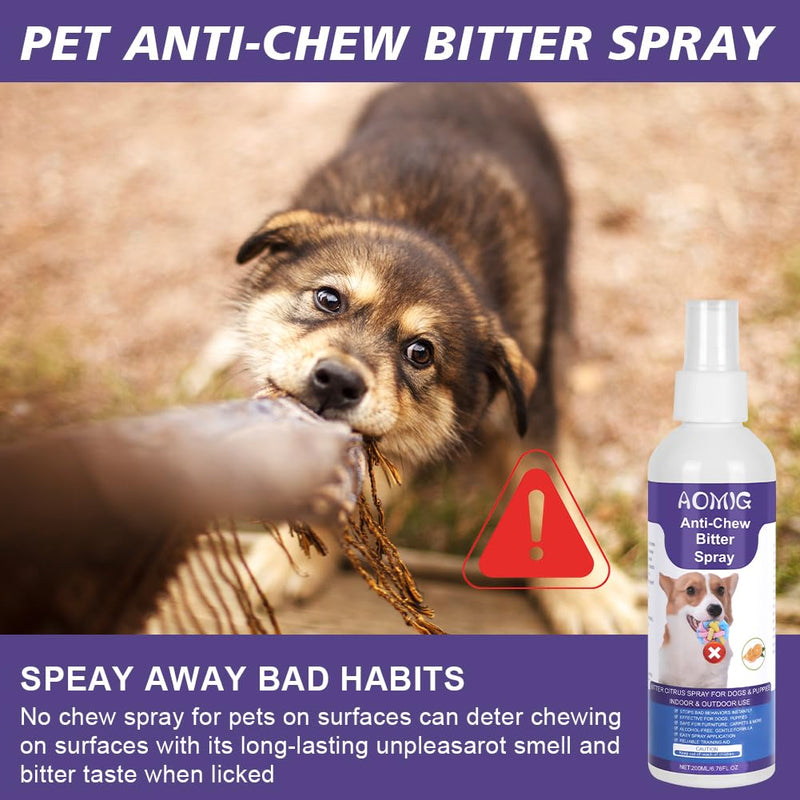 AOMIG Bitter Apple Spray for Dogs to Stop Chewing Licking, No Chew Spray for Dogs, Alcohol-Free Dog Deterrent Sprays to Anti-Chew Furniture Shoes, Indoor & Outdoor Safe Effective Training Aid, 200ml Anti-Chewing Bitter Spray