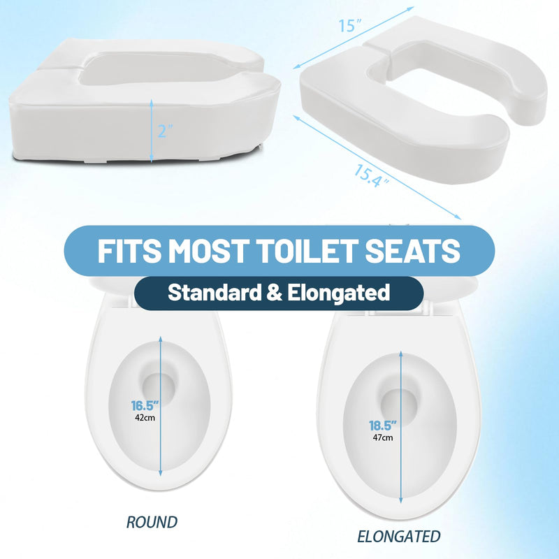 2 Inch Toilet Seat Riser Elevated for Seniors & Handicap, High Density Foam Padded Raised Toilet Seat Cushion, Fits Standard Elongated Toilets, Soft PU Leather, White