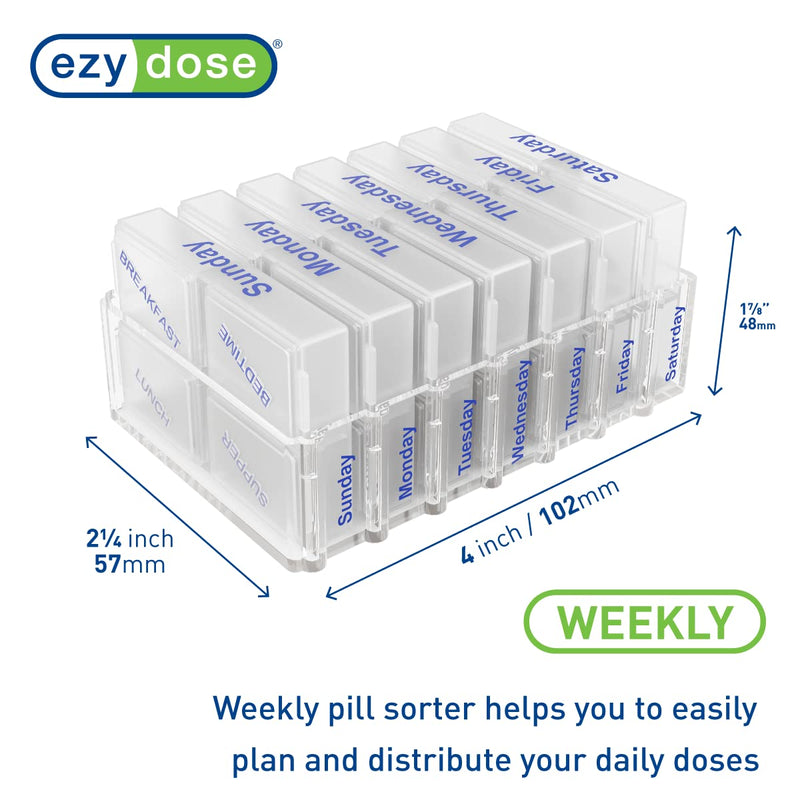 EZY DOSE Weekly (7-Day) Pill Case, Medicine Planner, Vitamin Organizer Box, Pop-Out Compartments, 4 Times a Day, Pocket Sized and Travel Friendly, Clear Lids, BPA Free