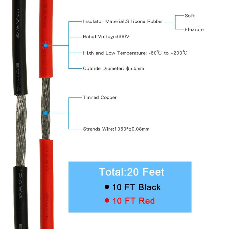 BNTECHGO 10 Gauge Silicone Wire 10 ft red and 10 ft Black Flexible 10 AWG Stranded Tinned Copper Wire 10 silicone wire red 10ft and black 10ft Silicone Wire Red and Black