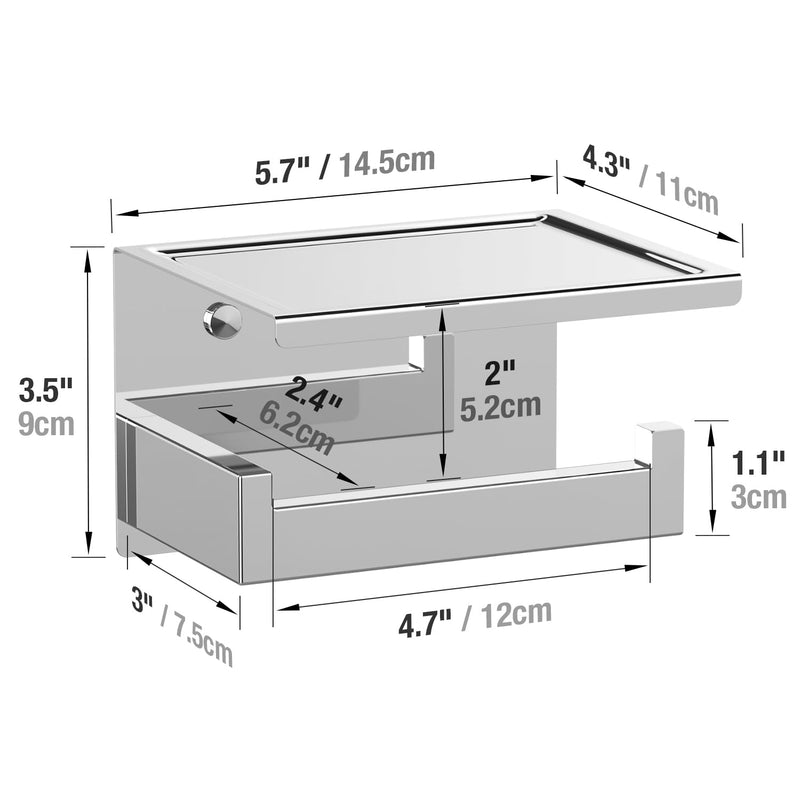 HITSLAM Toilet Paper Holder with Shelf, Stick on Chrome Tissue Roll Holder Self Adhesive or Wall-Mount with Storage Shelf for Bathroom Medium