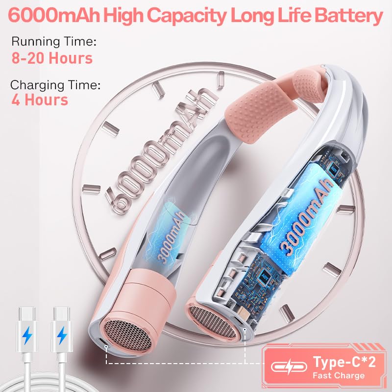 Portable Neck Fan for Girl: No Hair Twisting, Lightweight Personal Fan with 6000mAh Battery Air Volume, 6 Speeds - Rechargeable Wearable Air Conditioner for Girlfriend, Sister (Pink) Pink