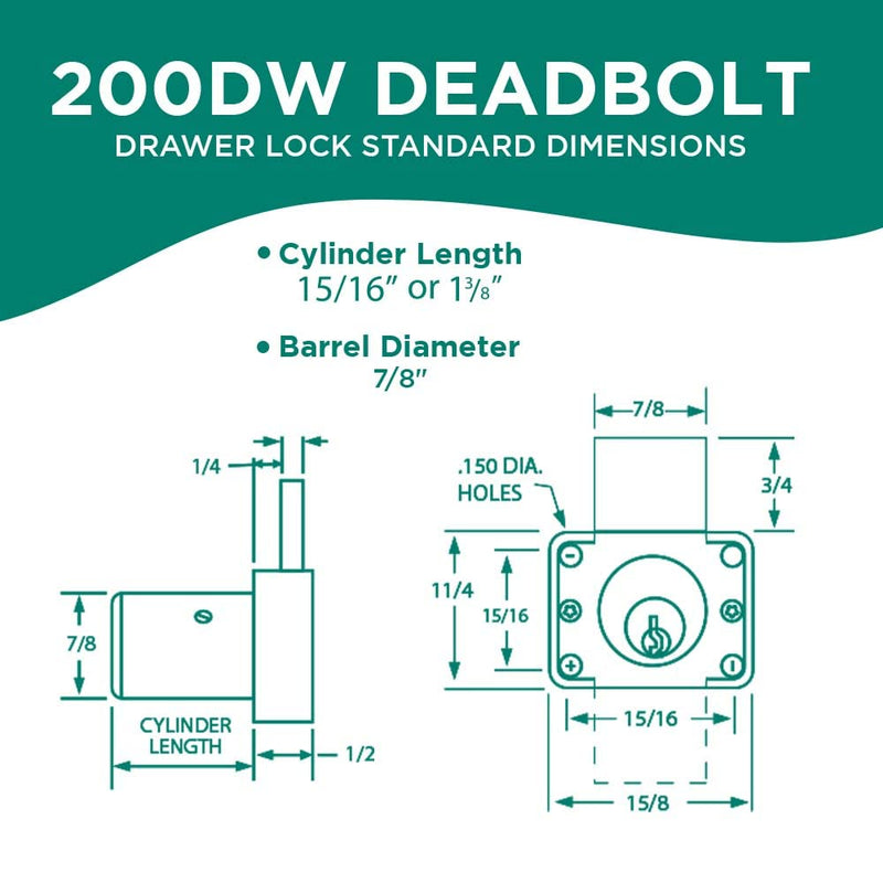 Olympus Lock 200DW Deadbolt Lock | 7/8" Chrome Key Lock US26D | NATL KA915 Keyed Alike | Grade 1 Locks | Vertical Deadbolt | for Drawers 15/16 barrel length Key #915 Satin Chrome