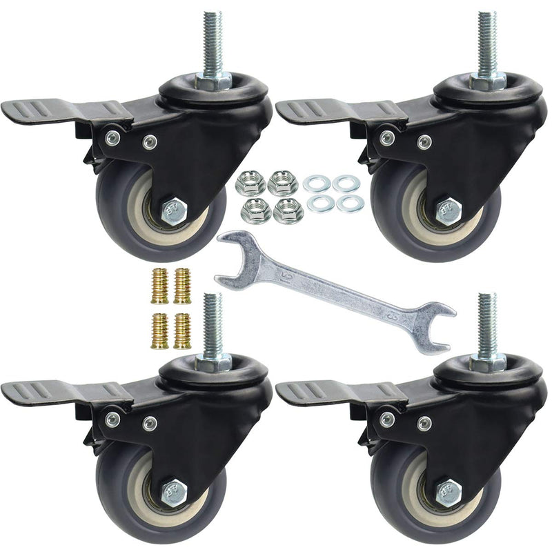 2 Inch Swivel Caster Wheels Set of 4, Metric M8-1.25 Threaded stem(Bolt Diameter 8mm, Length:1″) Durable Soft Rubber casters with Double Lock Mechanism, castors for Carpet Hardwood Floor. Grey TPR 2 inch