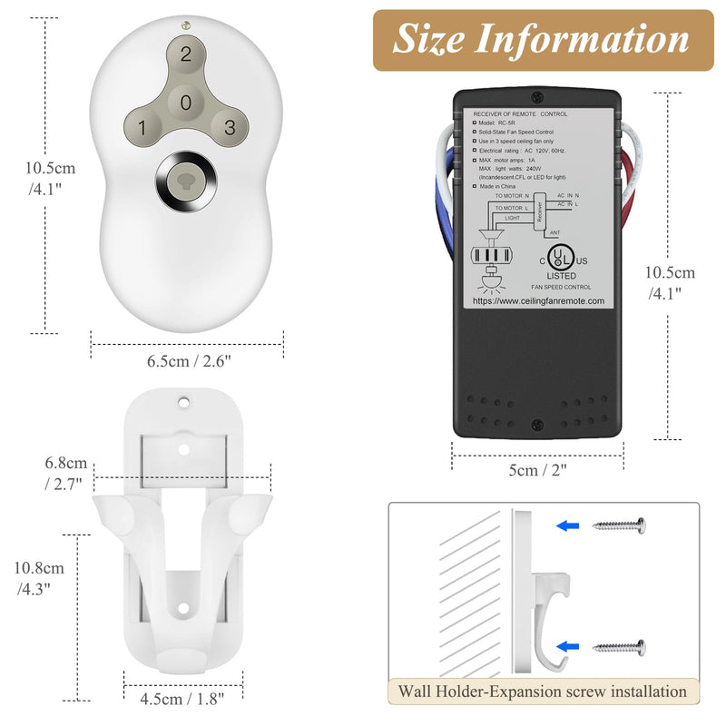 Universal Ceiling Fan Remote Control Kit, Compatible with Hunter, Harbor Breeze Hampton Bay, 3-Speed Control Fans with Dimmer, Remote Works with Hunter 99122 99123 99600 RC-05+5R