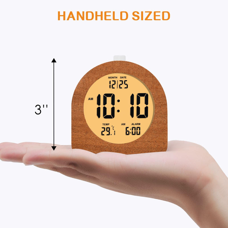 Plumeet Wooden Digital Alarm Clock for Bedrooms, Wood 4'' Battery Powered Alarm Clock with Snooze and Nightlight, Electronic LCD Desk Clock Display Time, Date, Temp, 12/24H, Wood Décor, Round, Sapele Semicircle 4.2''
