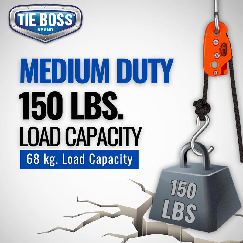 Tie Boss - 1/4 Inch, Medium Duty, (150 lbs Working Load Limit), Weather Resistant, Tie Down, Rope Tightening System, (w/15 ft Rope) (Pack of 1) (Orange) orange