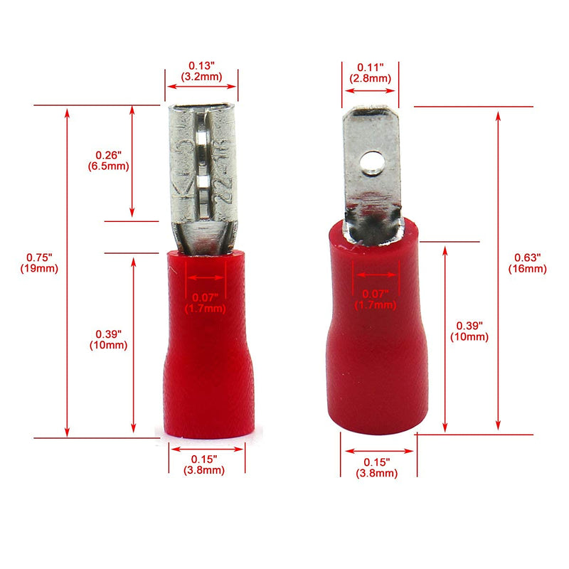Baomain 0.11" Red Female/Male Insulated Spade Wire Connector Electrical Crimp Terminal 22-16 AWG 2.8 x 0.5mm Pack of 100