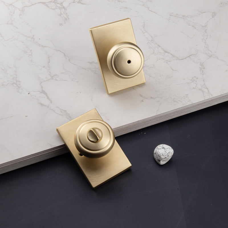Brushed Gold Door Knob with Turn Lock for Bath & Bedroom, Coastal Interior Door Knobs with Heavy Duty Rectangle Plate Brushed Gold Privacy