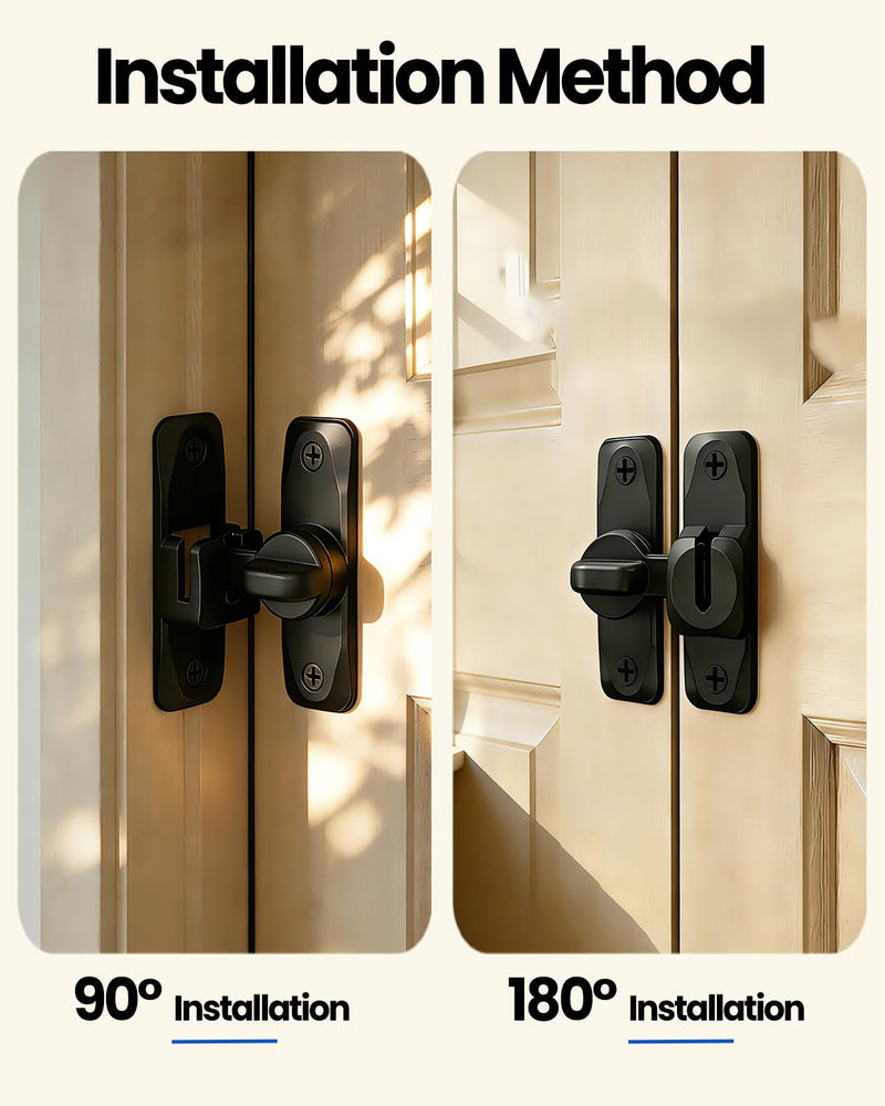 Barn Door Lock and Latche: Black 90/180 Degree Latch, Sliding Barn Door Locks, Small Sliding Gate Latch, Zinc-Alloy Bifold Door Latch for Cabinets, Bathroom, Window, Outdoor, Child Proof (2 Pack) 2 Pack