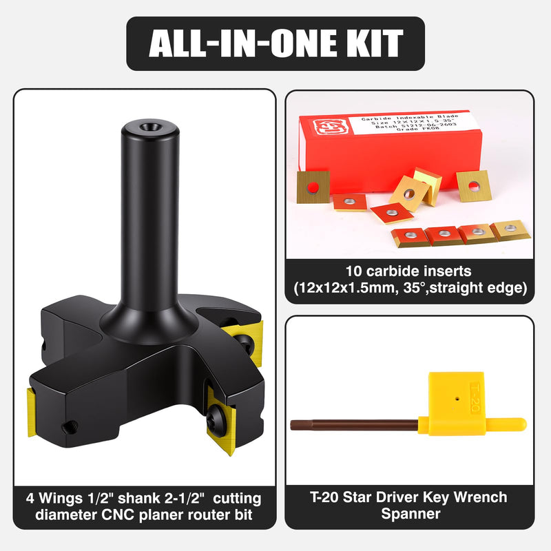 CNC Spoilboard Surfacing Router Bit,4 Wings 1/2" Shank 2-1/2" Cutting Diameter,10 PCS Carbide Insert, Woodworking Tools for Hardwood & Softwood Surfacing Flattening Planing Bit S12.7*D63.5*4T