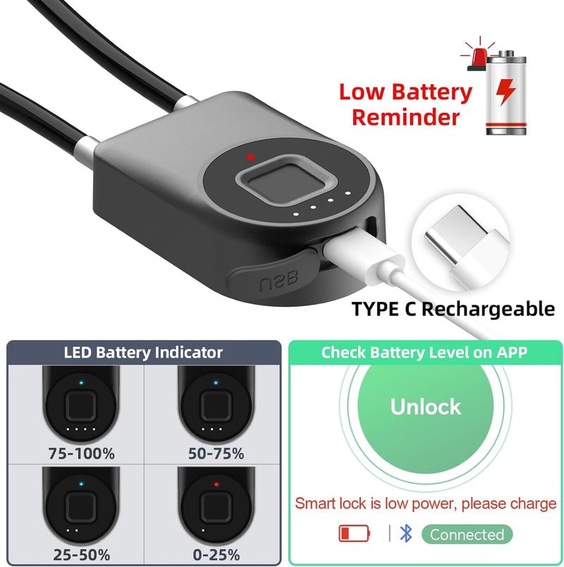 eLinkSmart Fingerprint Fridge Lock Cabinet Lock Cable Padlock for French Door Refrigerator Child Proof Waterproof 1000+ App Users 6 inch Steel Cable Lock for Gym Locker Cupboard Luggage (38cm) 38cm