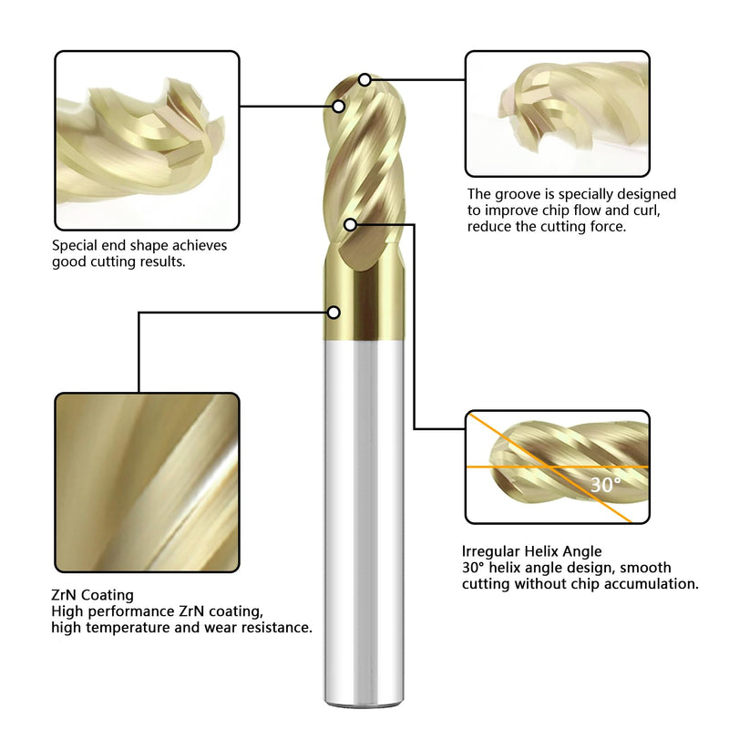 3/8" Solid Carbide Ball Nose End Mill 4Flute End Mill Bits Set with ZrN Coated for Alloy Steels, Hardened Steels 3/8 inch ZrN Coating