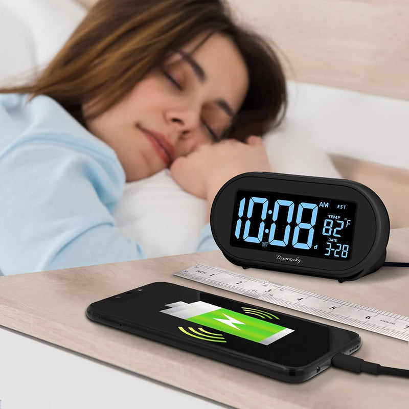 DreamSky Alarm Clocks for Bedrooms, Auto Set Digital Desk Clock for Bedside Nightstand, Electric Clock with Dimmable Brightness Dimmer, Auto DST, USB Port, Date, Temperature, Snooze Black