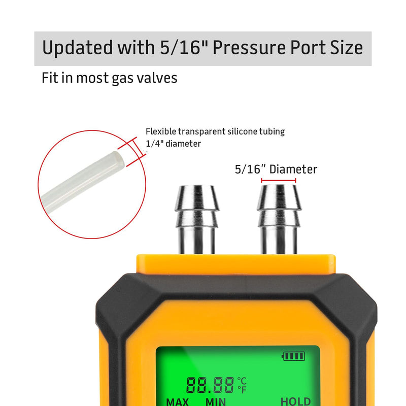 5/16 Inches Diameter Pressure Port Digital Manometer, YZT Meter Dual Port Air Pressure Meter Pressure Gauge HVAC Gas Tester, Differential Pressure Manometer 5/16 Inches Diameter Port