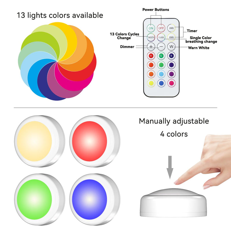 Puck Lights with Remote Control, Battery Operated LED Push Lights Wireless, 13 Color RGB - for Closet, Bedroom Wall, Under Cabinet, Battery Powered Puck Lights. Convenient 3M Stick On, 6 Pack 6-packs White