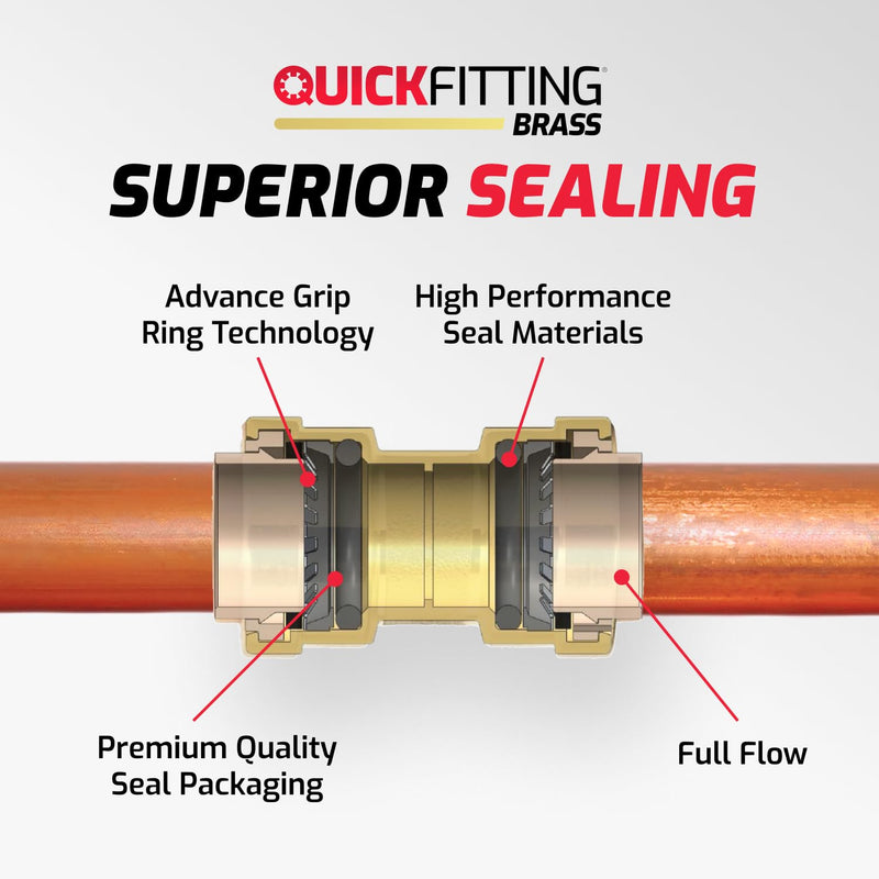 QuickFitting 1/2 Inch Tee Connector, Push to Connect Brass Plumbing Fitting with Slip Clip Disconnect Tool, for Copper, PEX and CPVC, 5 Pack 1/2 inch (5-Pack)