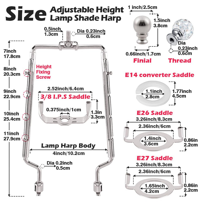 8 9 10 11 inch Nickel Lamp Shade Harp Holder, Adjustable Height Harp Kit with Crystal & Metal Finial, DIY Replacement Making Repair Lampshade Bracket E14 E26 E27 Adapter Base Table Floor Light 1