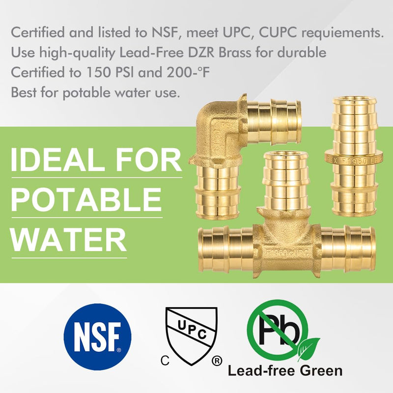 15 Pack 1/2" Pex-A Expansion Fittings Set, 5 Each Elbow Tee Coupling Heavy Duty Brass PEX-A Fittings for For Pipe-A pipe connection, NSF/ANSI 61 NSF 372 Certificate, ASTM F1960 Certified 1/2" Pex-A Coupling,Elbow,Tee (Each 5 Piece)